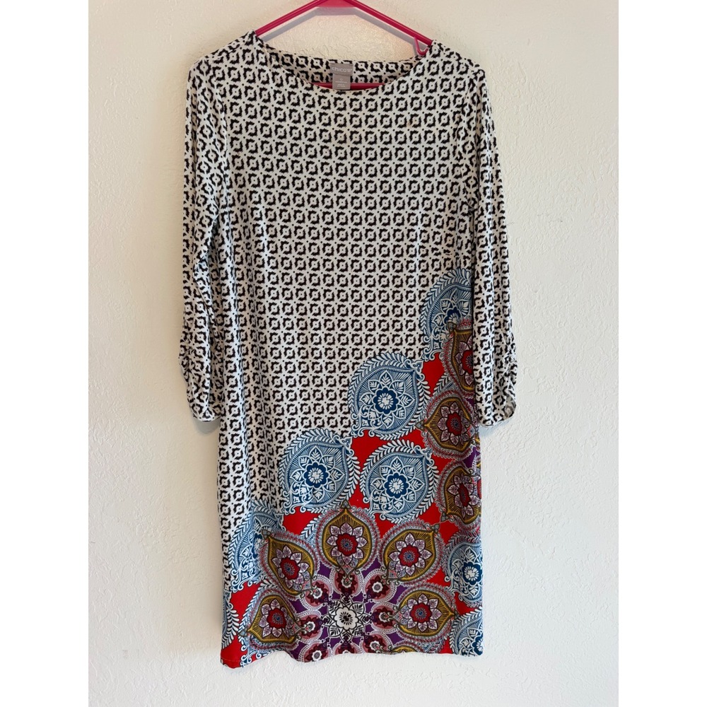Chico's Mixed Print Mandala Shift Dress Black White Red Blue Size 0 US 4/6